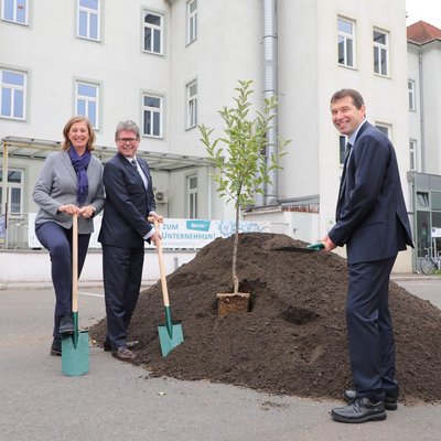 Symbolischer Spatenstich (v.l.): LR Barbara Eibinger-Miedl, Minister Martin Polaschek & Vizerektor Helmut Antrekowitsch. Foto: ZAT/Freisinger